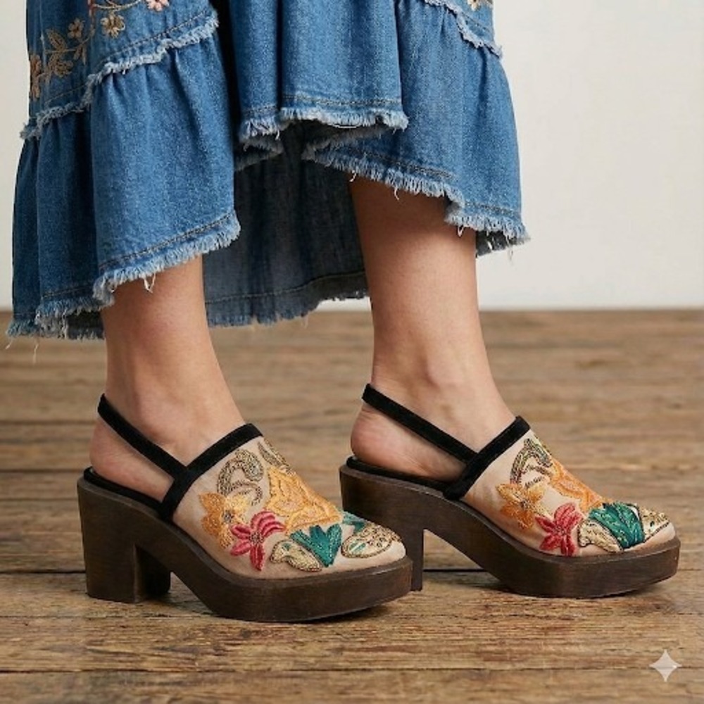 Free People Multicolor Embroidered Platform Mules